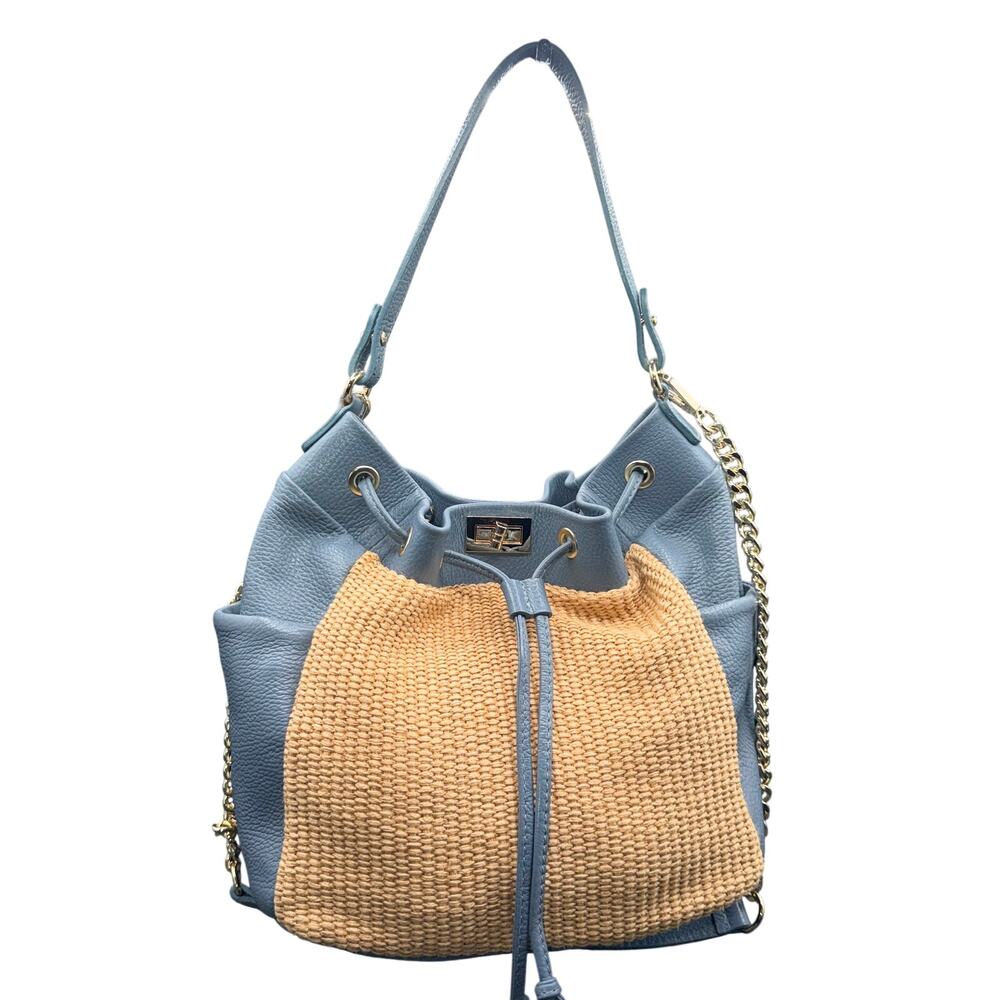Unica Firenze Italy Blue Leather Faux Straw Bucket Bag Gold Chain Shoulder